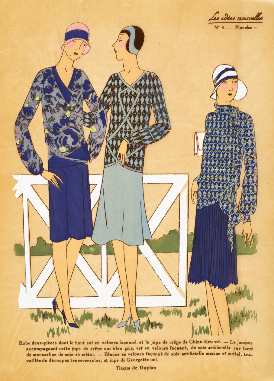 Tre designs til todelte outfits, der viser Tissus de Duplan, Les Idées Nouvelles af French School