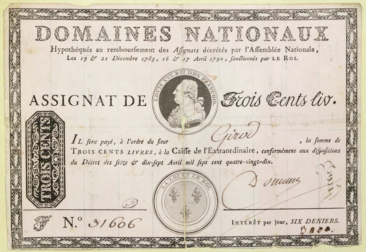 Tre hundrede livre seddel, 1790 (blæk på papir) af French School