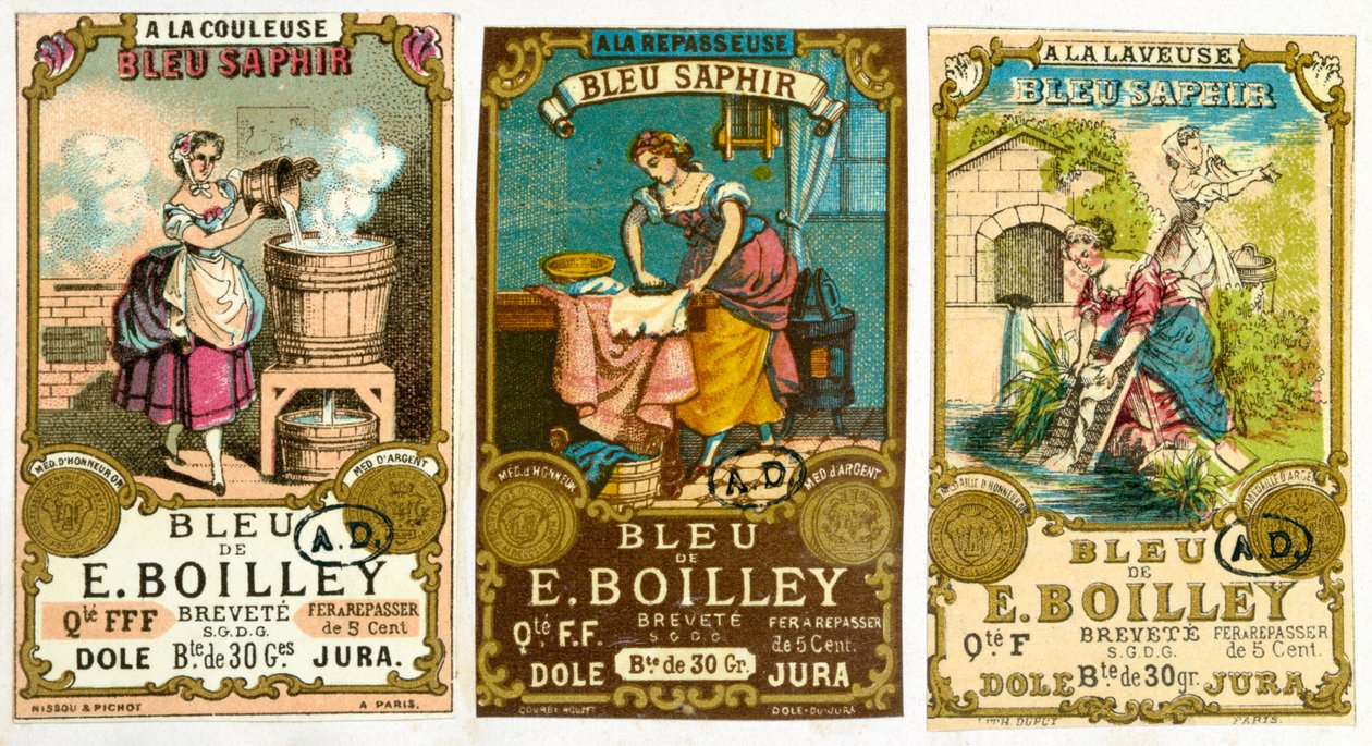 Tre etiketter til Bleu de E. Boilley-mærket af vaskepulver, 1878 af French School