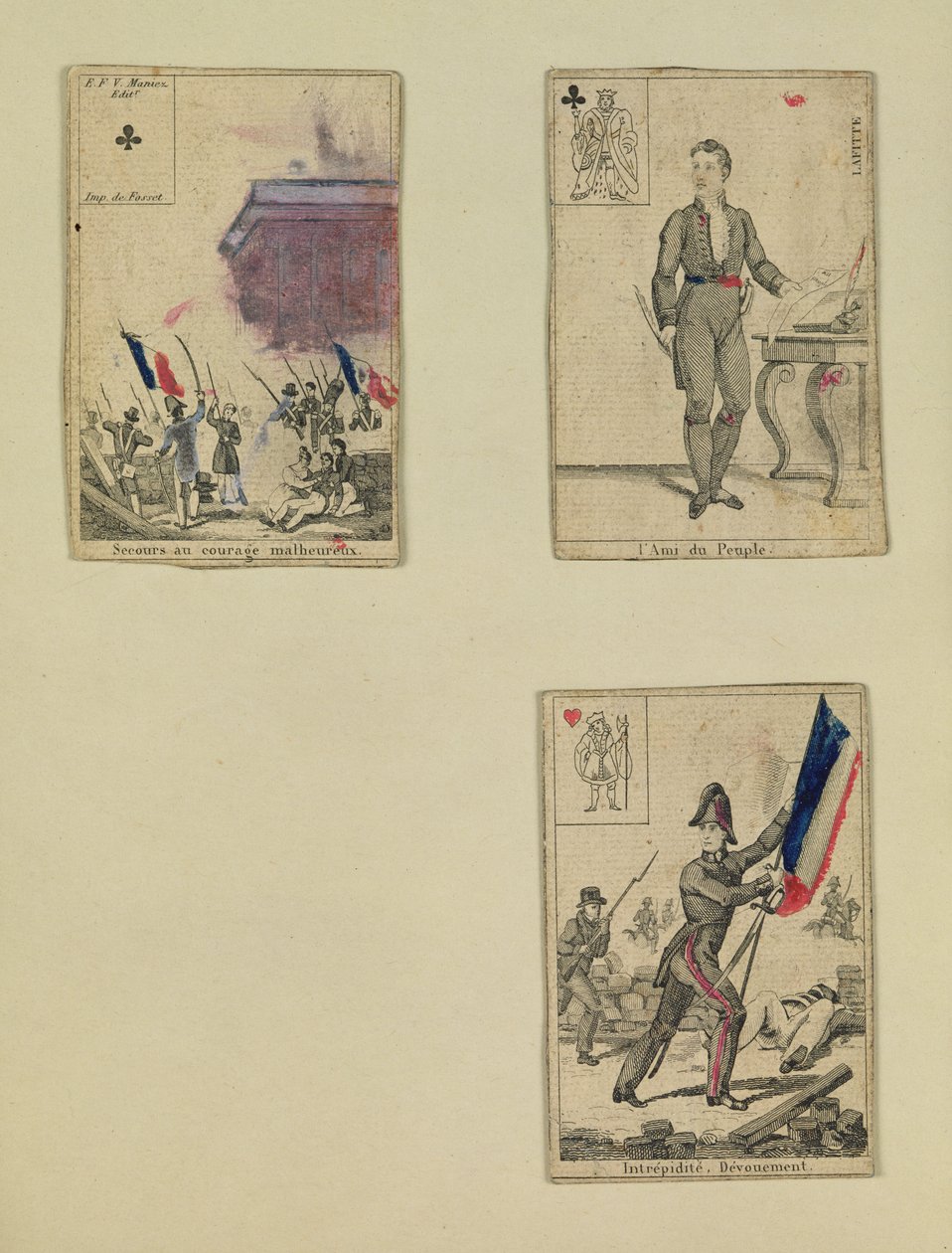 Tre spillekort til minde om heltene fra juli 1830, 1831 af French School
