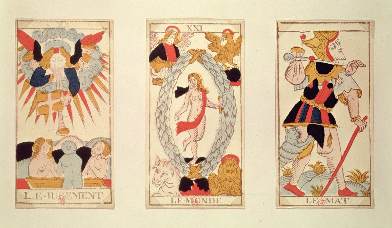 Tre tarotkort, der forestiller Judgement, The World and the Fool (farvet trægravering) af French School