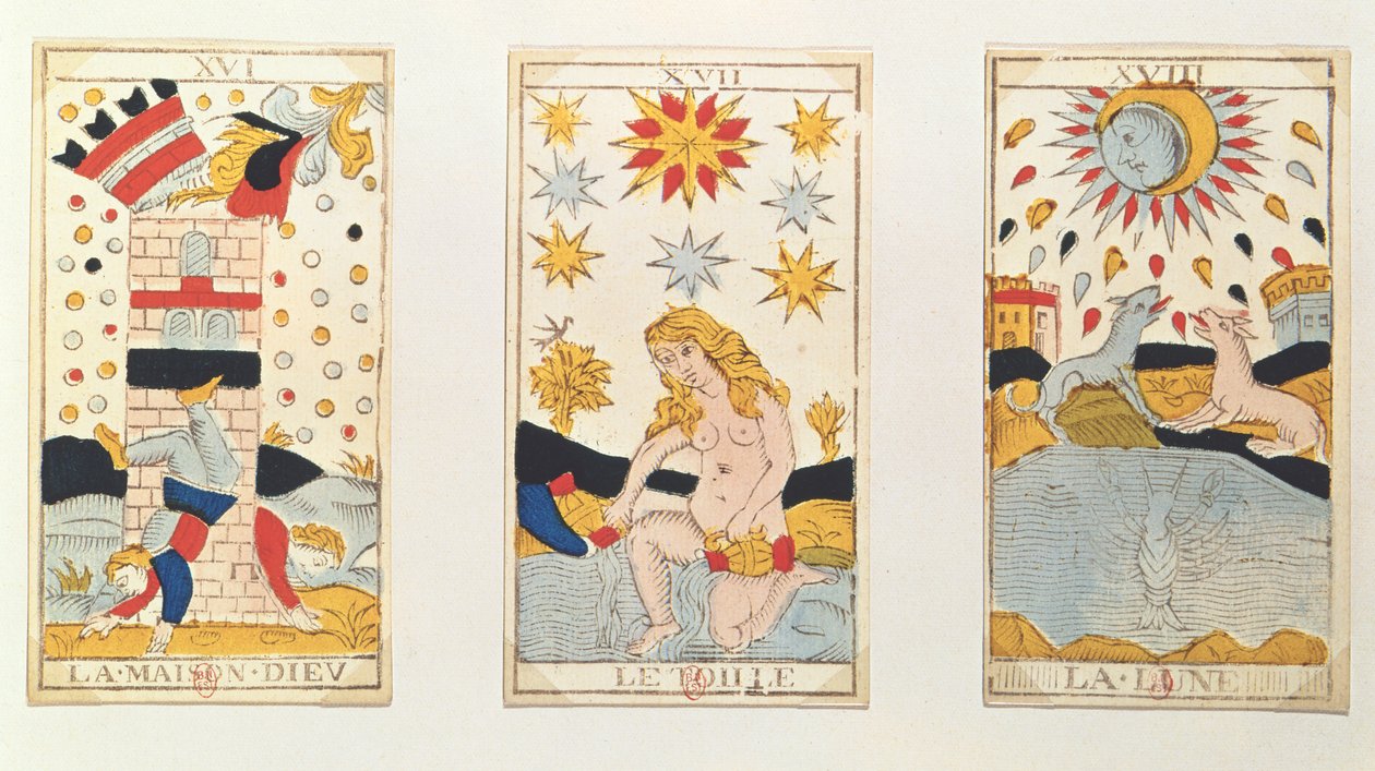 Tre tarotkort, der forestiller Tårnet, Stjernen og Månen (farvet trægravering) af French School