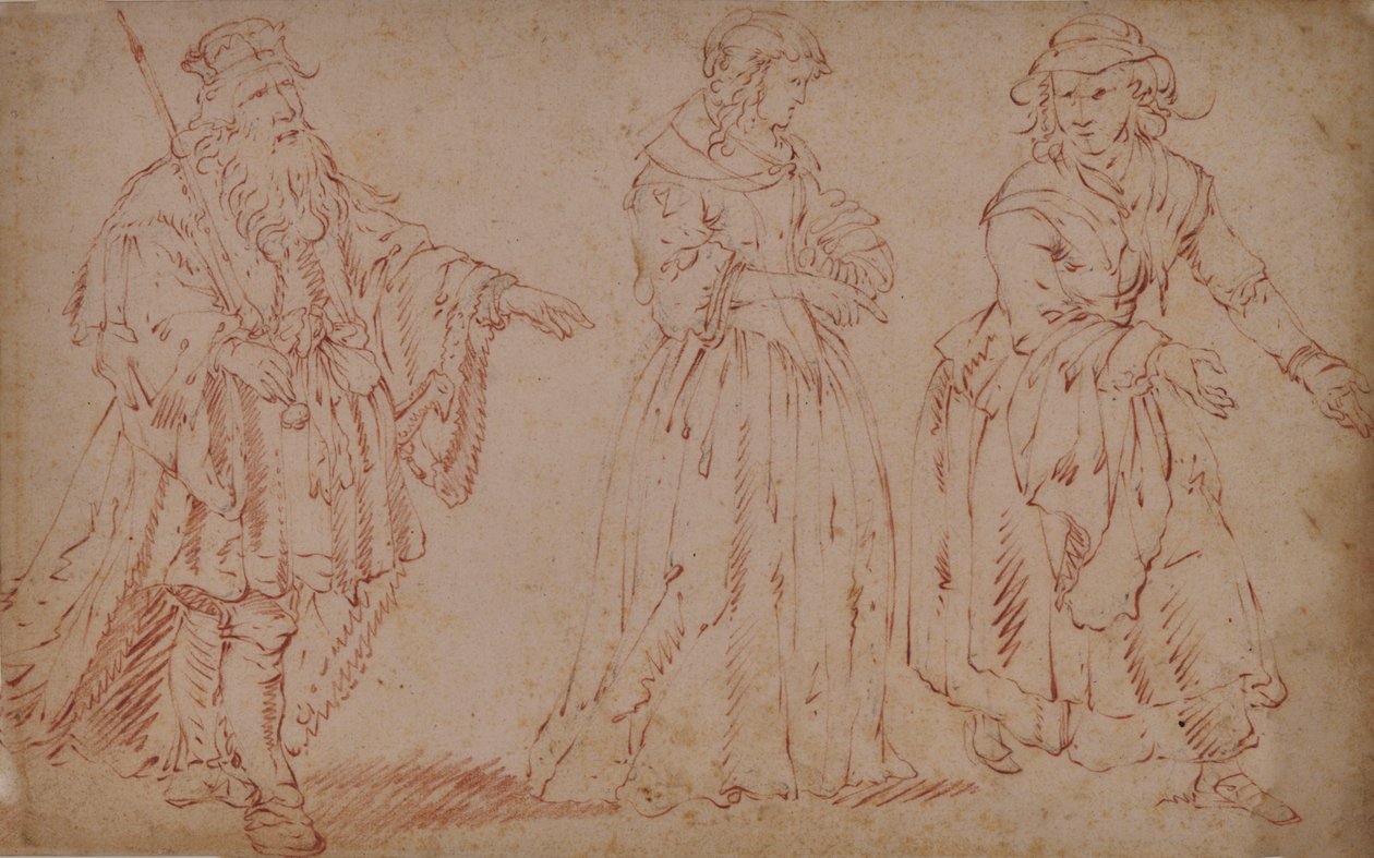 Tre teatralske figurer: Kong Lear, Cordelia og Maid af French School