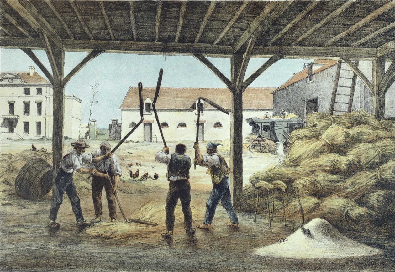 Tærskning af majs, illustration fra en skolebog Enseignement par les yeux, 2. halvdel af 1800-tallet af French School