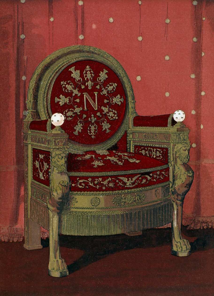 Throne of Napoleon I Bonaparte (1769-1821) Palace of Fontainebleau, illustration fra Dictionary of furnishing and decoration af Henry Havard, bind 4, plade 54, Paris, Maison Quantin, 1 af French School