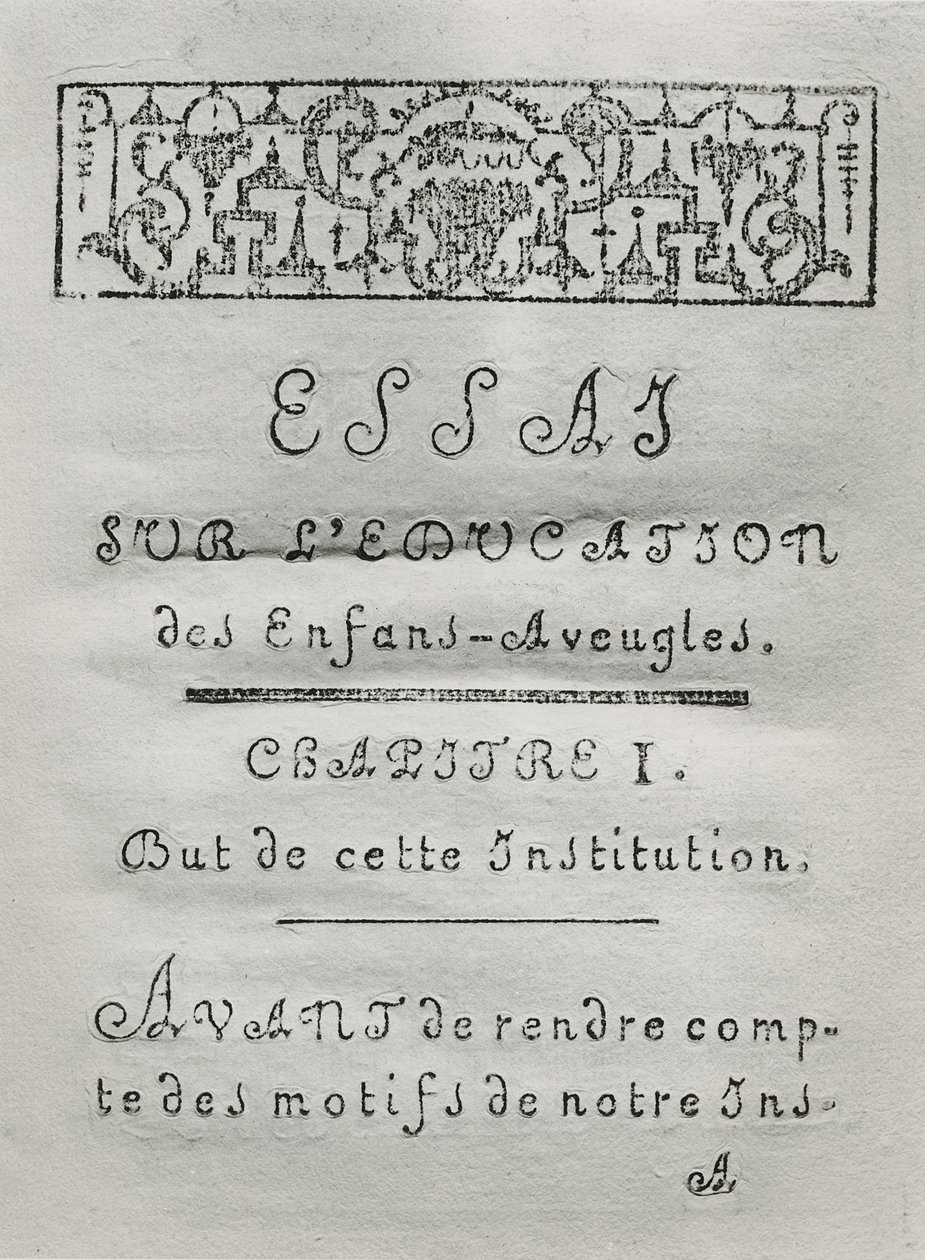 Titelside til det første kapitel af Essai sur leducation des aveugles af Valentin Hauy (1745-1822) udgivet i 1786 af French School