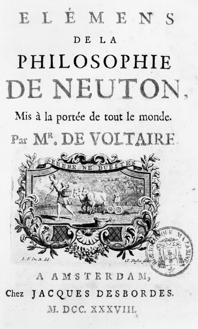 Titelside af elementer i Newtons filosofi af Francois Marie Arouet Voltaire (1694-1778) Amsterdam, udgivet 1738 af French School