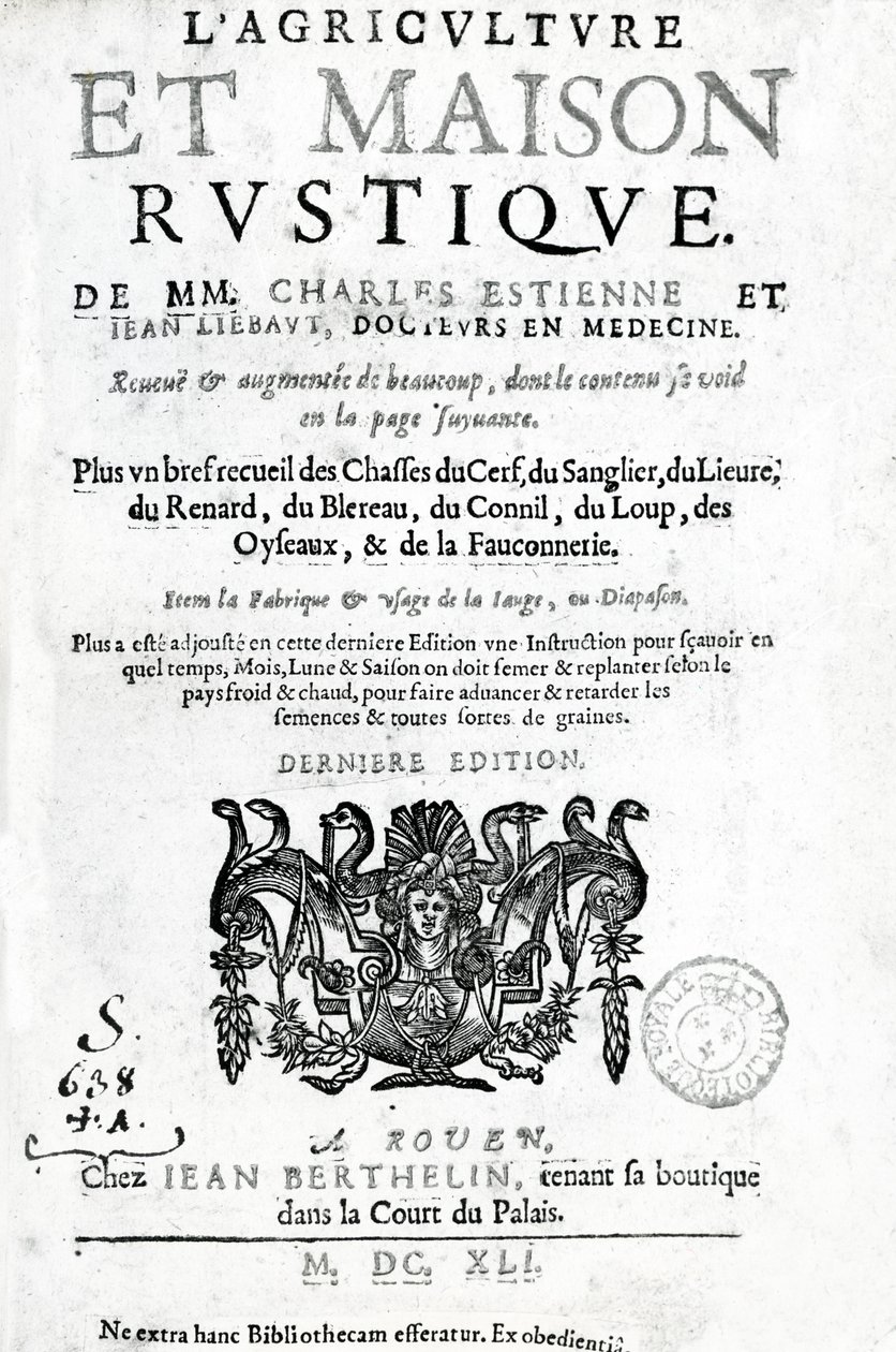 Titelside af LAgriculture et Maison Rustique, af Charles Estienne, udgave udgivet 1641 (bogtryk og gravering) af French School