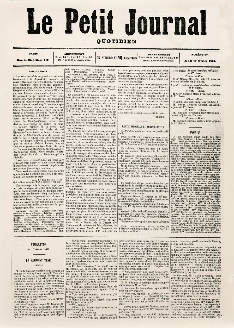 Titelside på dagbladet Le Petit Journal, 12. februar 1863 (tryk) af French School