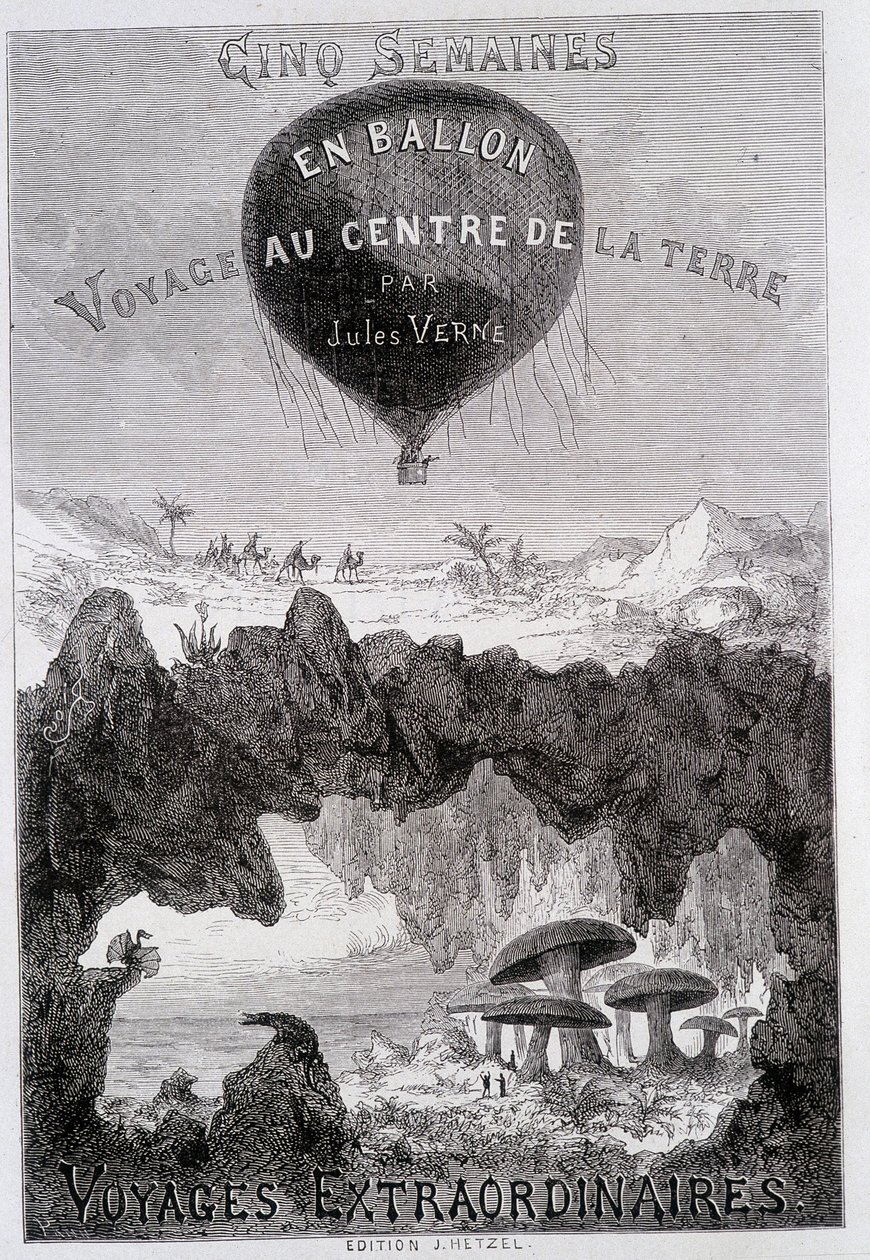 Titelside: "" Five Weeks in Balloon" og "Journey to the Center of the Earth"" af Jules Verne, sd. Editions Hetzel under det generelle navn "" Les Voyages Extraordinary"" af French School