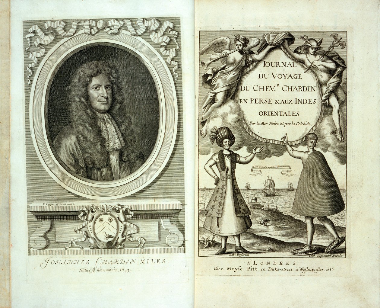 Titelblad og frontispice-portræt af Journal du Voyage de Chevalier Chardin en Perse et aux Indes Orientales af Jean Chevalier Chardin, 1686 af French School
