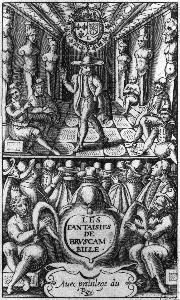 Titelside fra Les Fantaisies de Bruscambille, udgivet 1615 af French School