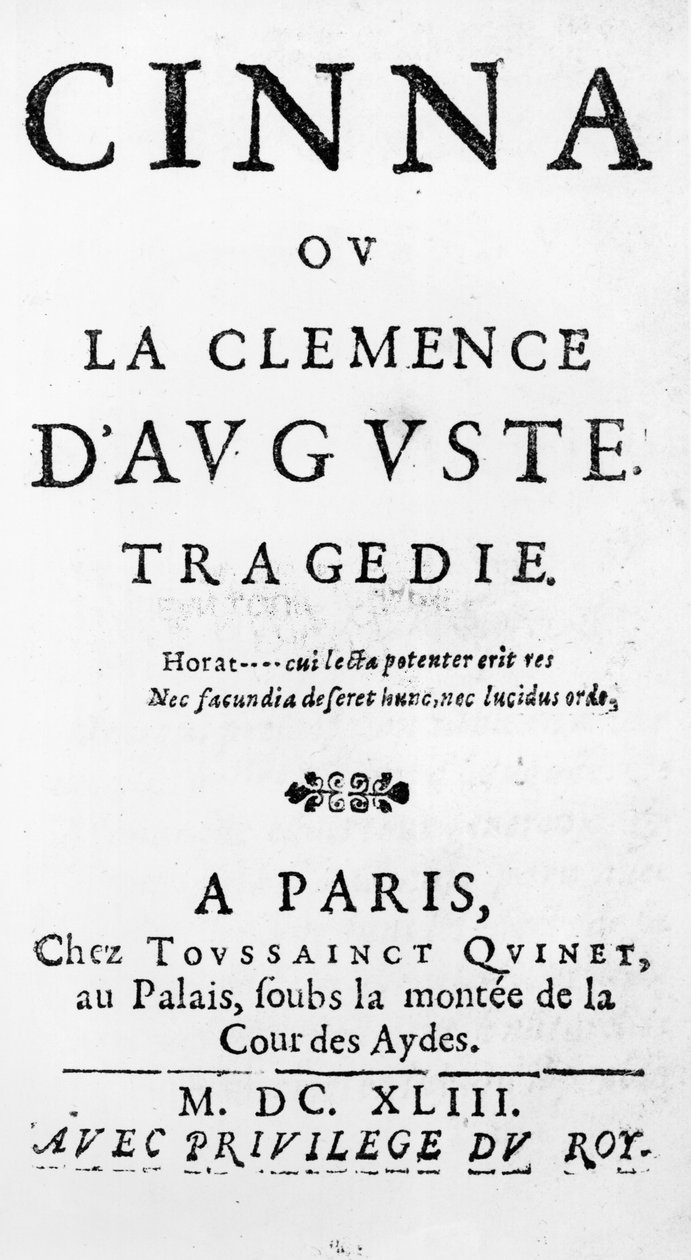 Titelblad til Cinna ou la Clemence dAuguste af Pierre Corneille (1606-84) udgivet i 1643 af French School