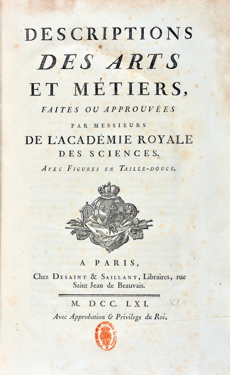 Titelside på "" Beskrivelser af kunst og metier lavet eller godkendt af herrer fra Royal Academy of Sciences"". 1761 af French School