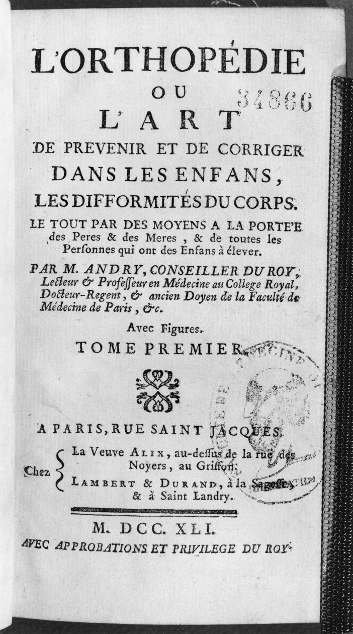 Titelside af Orthopaetics or the Art of Prevention and Correctional Deformities of the Body in Children af ​​Nicholas Andry (1658-1759) 1741 af French School