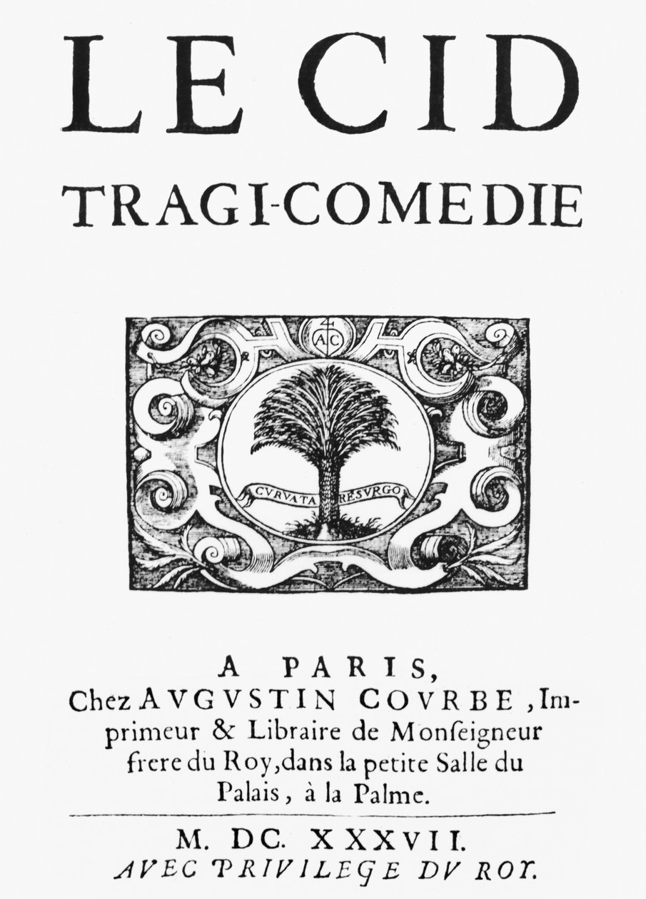 Titelblad til Le Cid (1637) af Pierre Corneille (1606-84) udgivet 1637 af French School