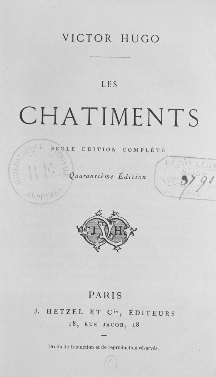 Titelblad til Les Chatiments (1853) af Victor Hugo (1802-85), 40. udgave udgivet af J. Hetzel, 1872 af French School