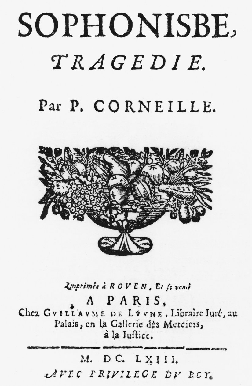 Titelblad til Sophonisbe af Pierre Corneille (1606-84) udgivet i 1663 af French School