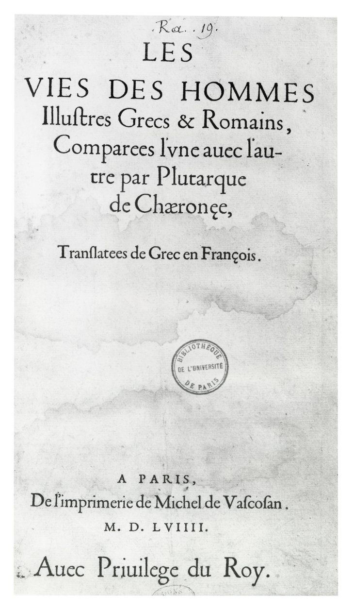 Titelside af The Lives of Noble Greeks and Romans, af Plutarch, trykt af Michel de Vascosan af French School