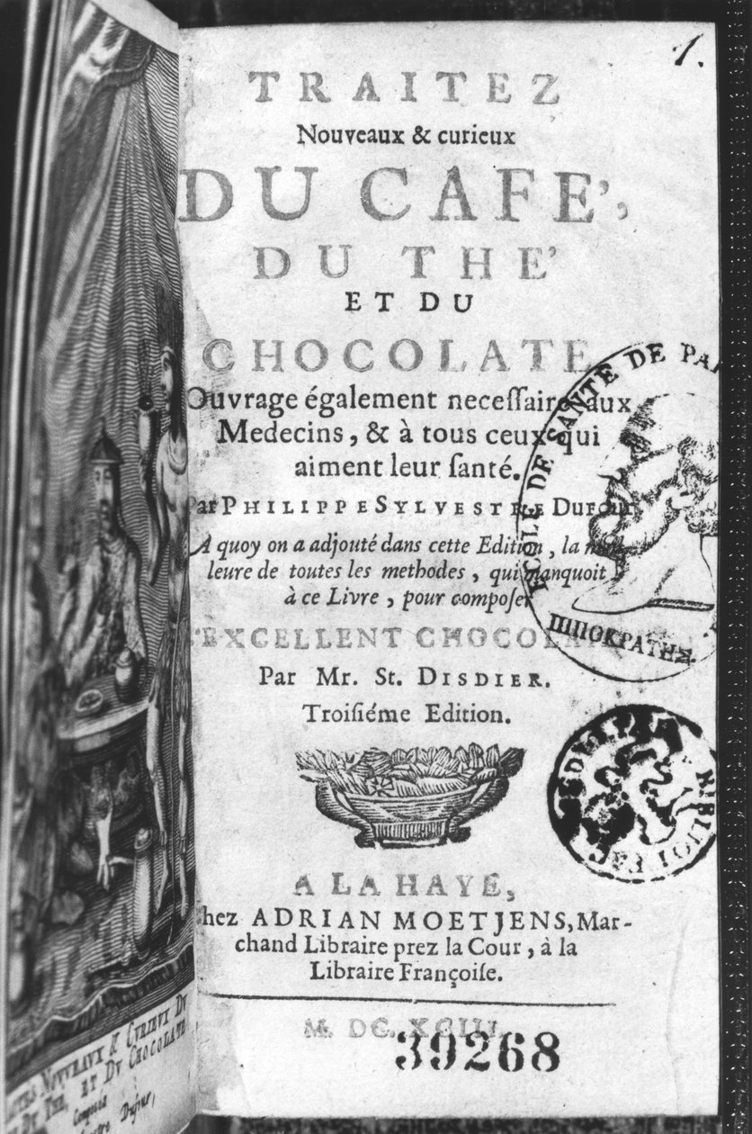 Titelside til New and Curious Treatise on Coffee, Tea and Chocolate af Philippe Sylvestre Dufour, La Haye, udgivet 1693 af French School
