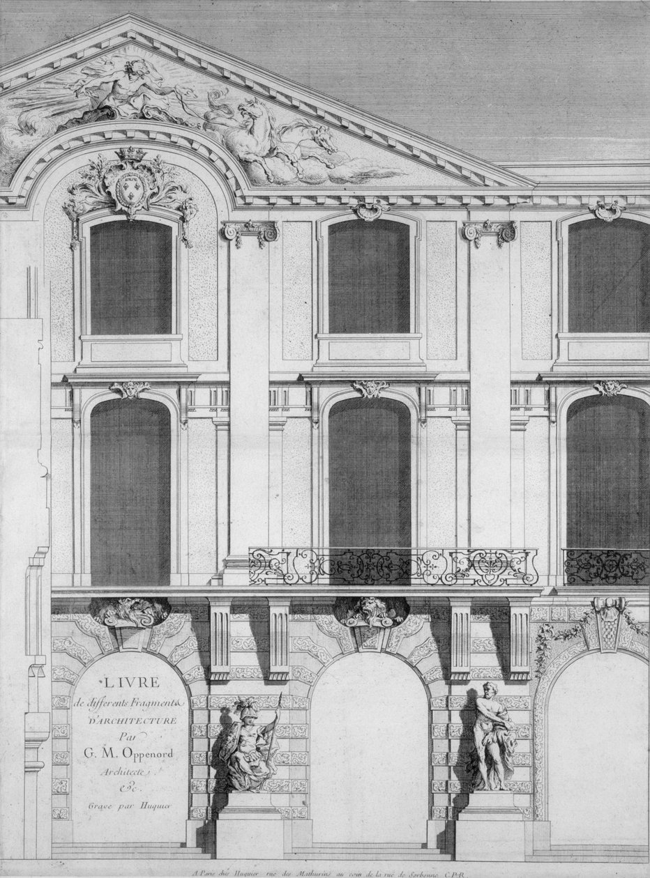 Titelside på en bog med graverede plader af Oppenords design, udgivet 1745 af French School
