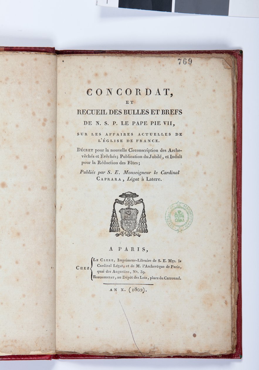 Titelblad til Concordat et Recueil des Bulles et Briefs de N. S. P. le Pape Pius VII, udgivet af Giovanni Battista Caprara, Paris, Chez Le Clers, 1802 (trykt papir) af French School