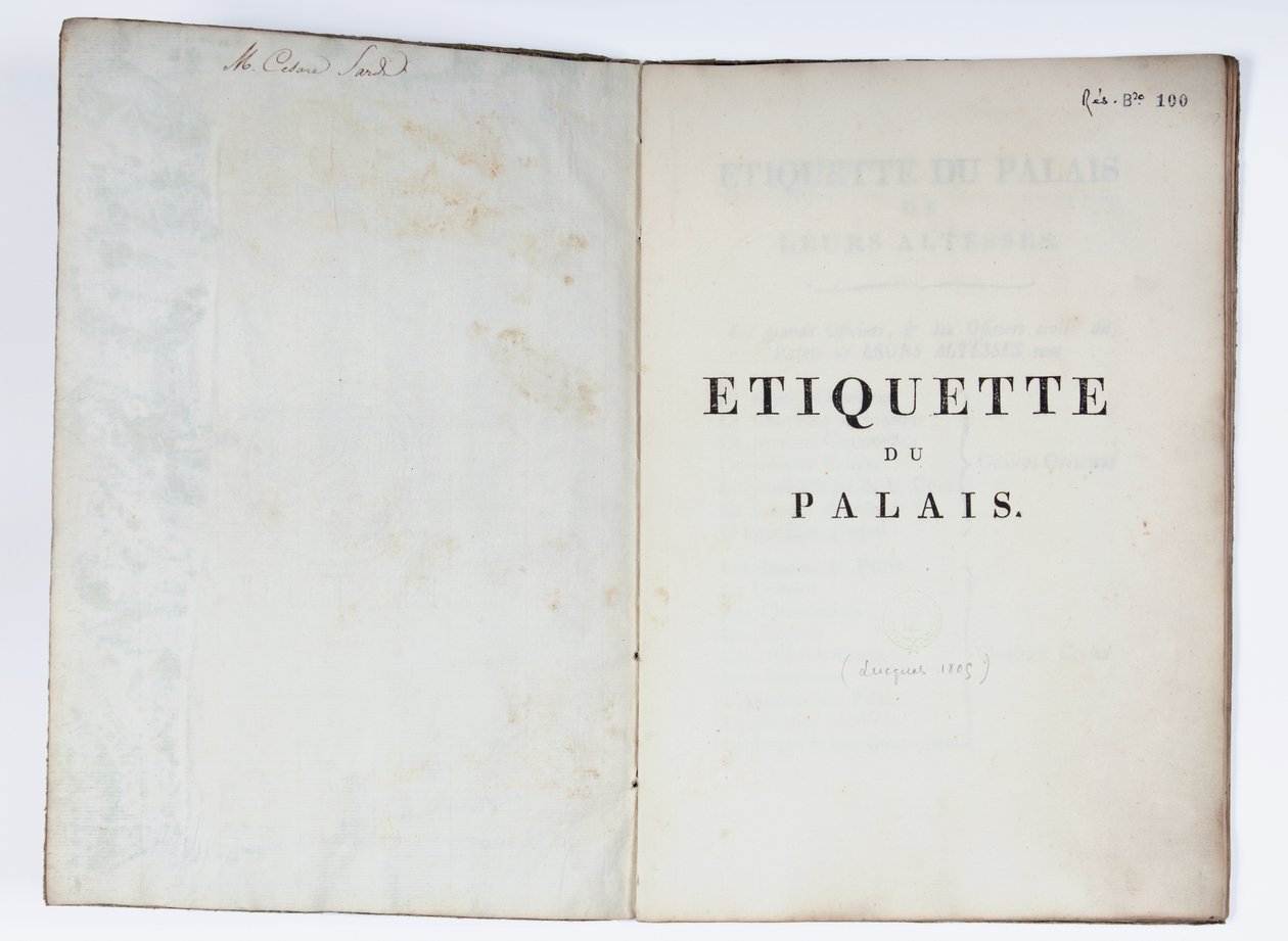 Titelside på Etiquette du Palais, Lucca, 1805 (trykt papir) af French School