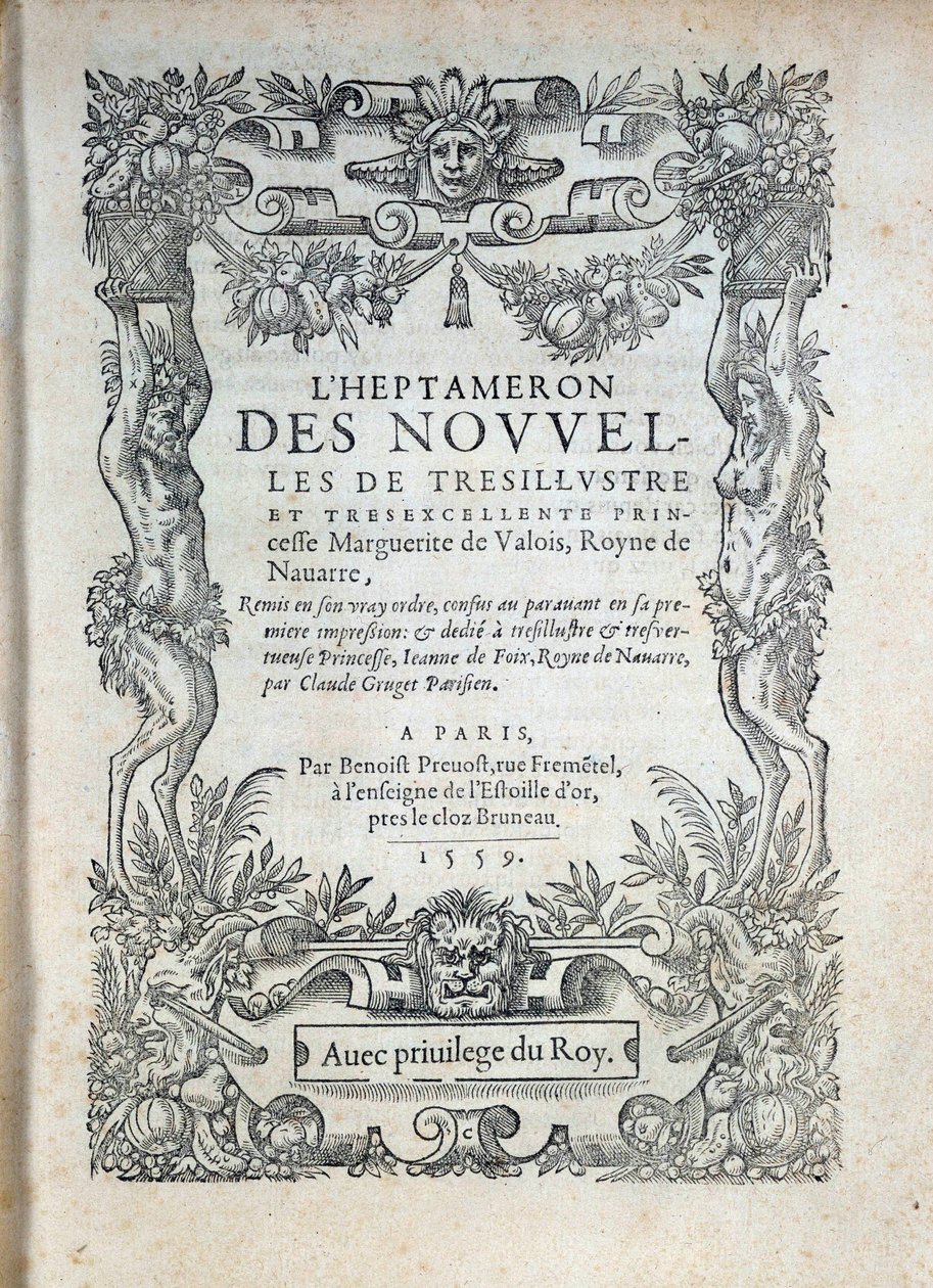 Titelside for "" Heptameronen""": fortællinger eller nyheder af Margarita af Navarra (Marguerite af Valois, Marguerite af Angouleme eller Marguerite af Frankrig (1492-1549) Navarra-dronning og digterinde af French School