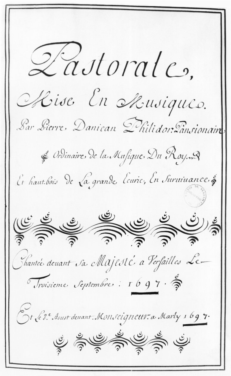 Titelblad til Pastorale af Pierre Danican Philidor (1681-1731) 1697 af French School