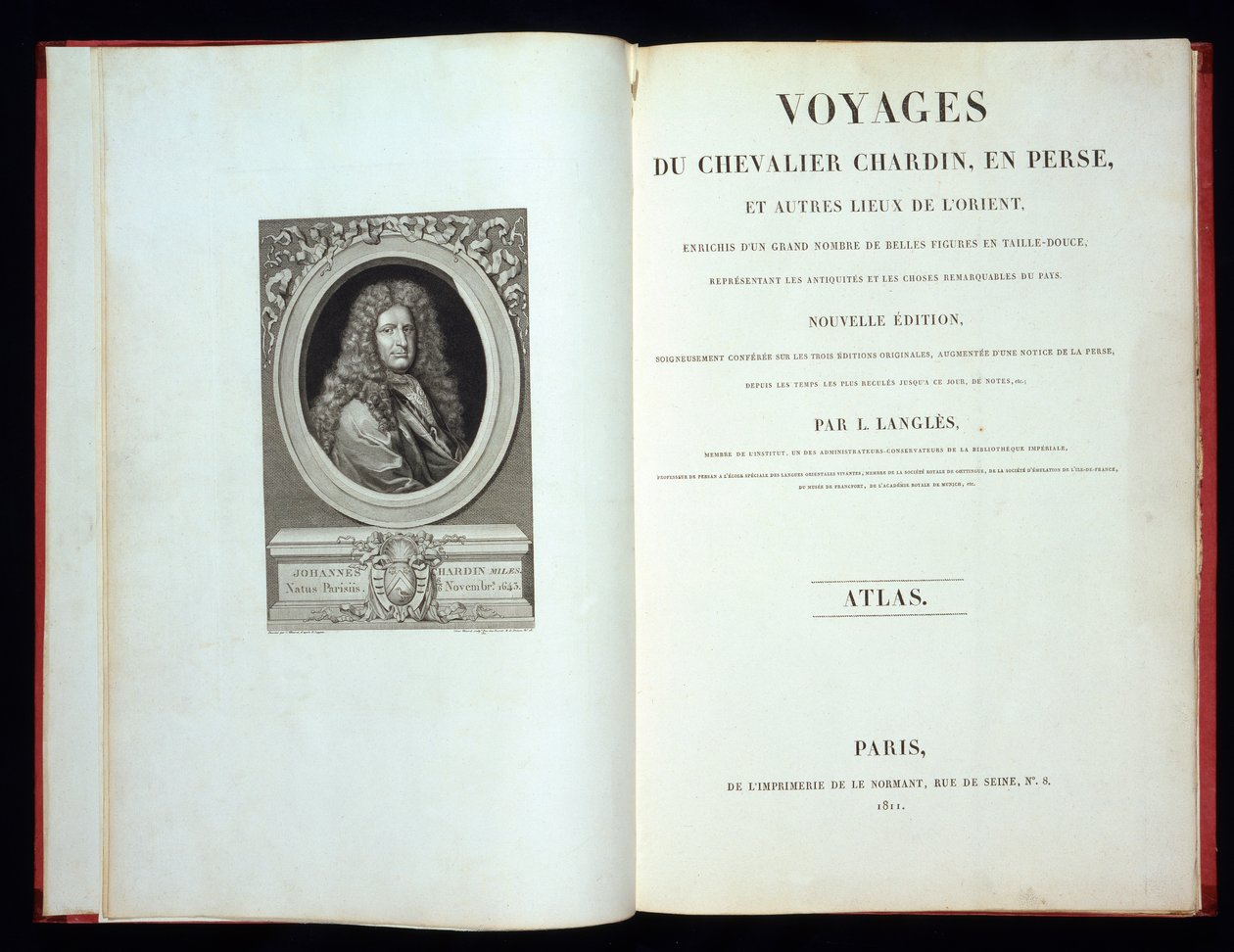 Titelblad og frontispice-portræt fra Voyages du Chevalier Chardin en Perse, 1811 af French School