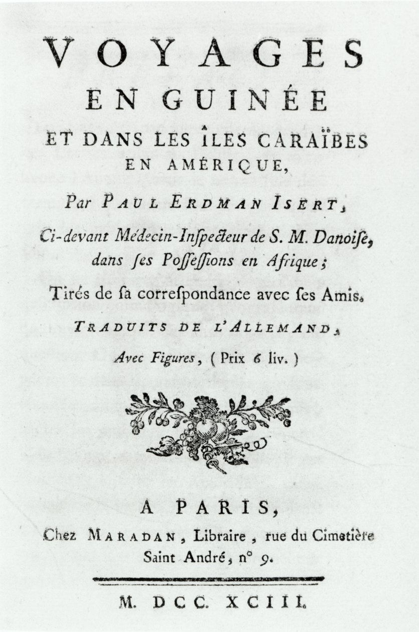 Titelblad for rejser i Guinea og de caribiske øer i Amerika af Paul Erdman Isert, udgivet 1743 af French School