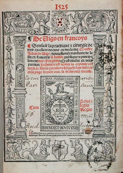 Titelblad fra en bog om kirurgi af Jean de Vigo (1460-1525) 1525 (træsnit) af French School