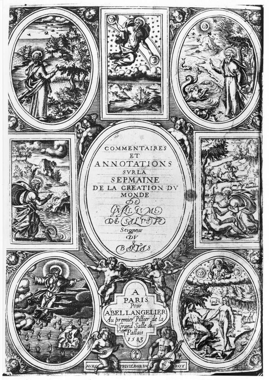 Titelblad for kommentarer og anmærkninger om ugen for verdens skabelse af Guillaume Sallust du Bartas (1544-90) 1583 af French School