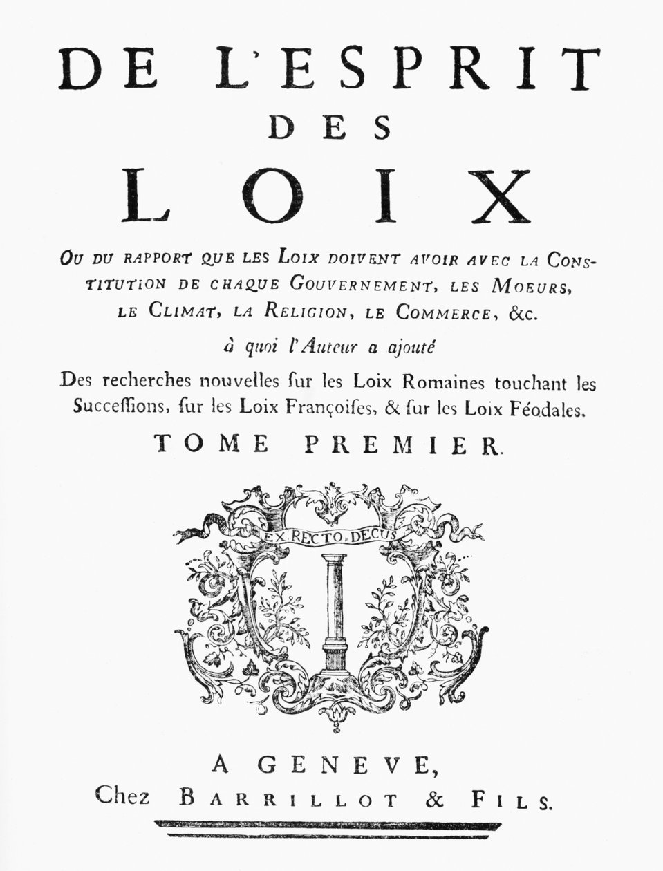Titelblad til De LEsprit des Loix af Charles de Montesquieu (1689-1755) 1748, udgivet Geneve af French School
