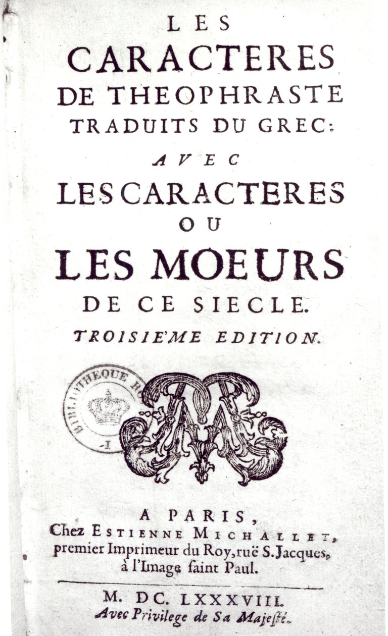 Titelblad til Theophrastes tegn oversat fra græsk med tegn eller skikke fra dette århundrede af La Bruyere (1645-96) 1688 af French School