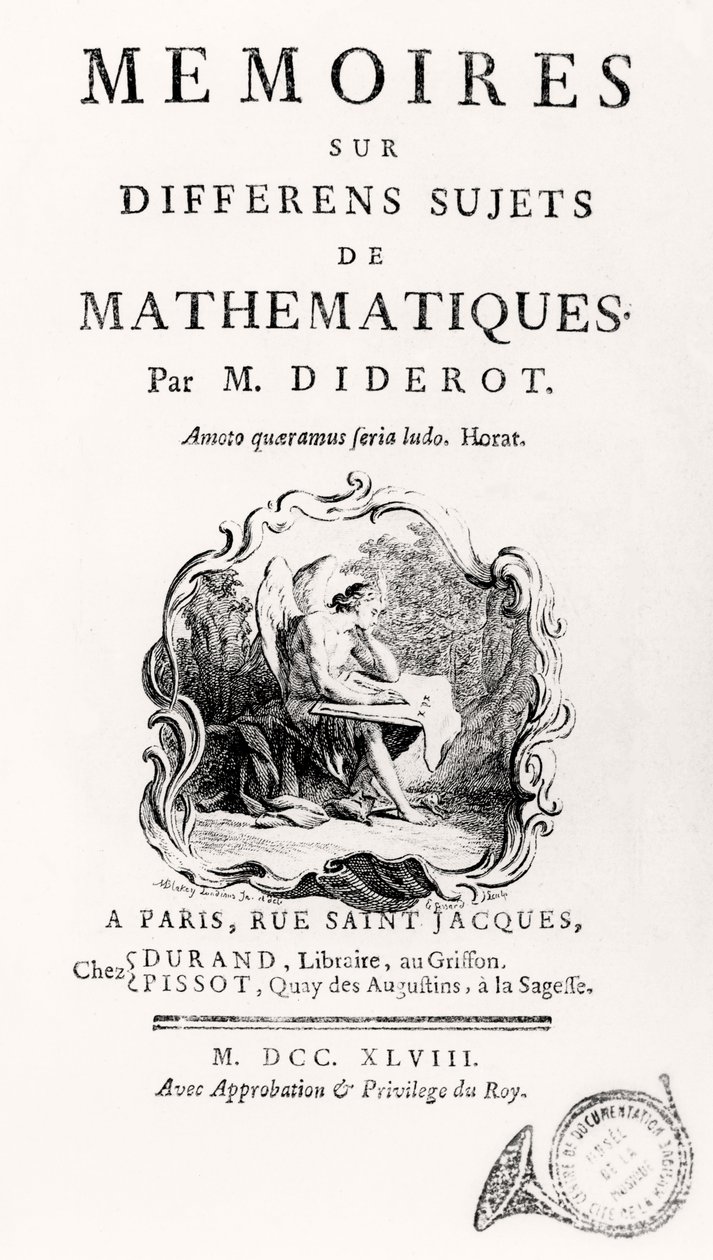 Titelside for "Erindringer om forskellige matematikfag", 1748 af French School