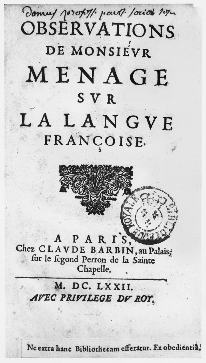 Titelblad for Observations sur la langue francaise af Gilles Menage (1613-92) 1672 udgave, hos Claude Barbin, på slottet, på anden trin af Sainte Chapelle, Paris (tryk) af French School