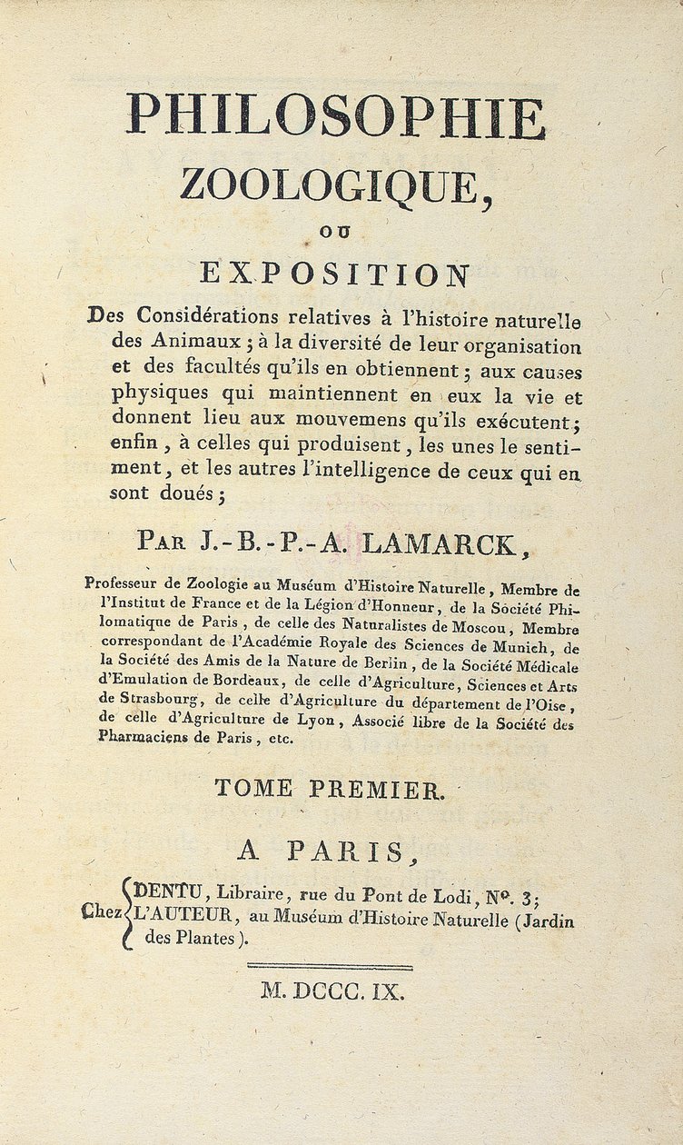 Titelblad til "Zoologisk filosofi" af Jean-Baptiste Lamarck, udgivet i Paris, 1809 af French School