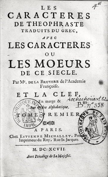 Titelside af Theophrastus Les Caractères ou les Moeurs oversat af Jean de la Bruyere (1645-96) 1697 af French School