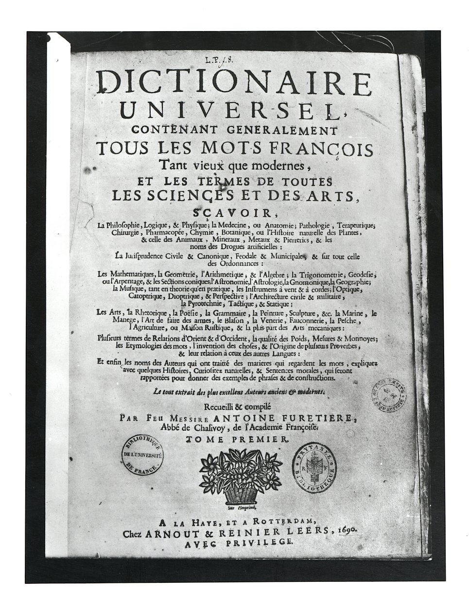 Titelblad til Dictionnaire Universel af Antoine Furetiere (1619-88) 1690 (tryk) af French School