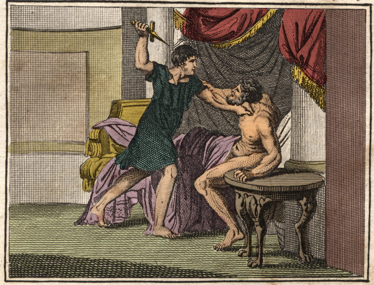 Titus Manlius Torquatus (konsul i 347 f.Kr.) bevæbnet med en kniv tvinger tribunen Marcus Pomponius til at trække beskyldningerne tilbage mod hans far Lucius Manlius Capitolinus Imperiosus, som fremsatte af French School