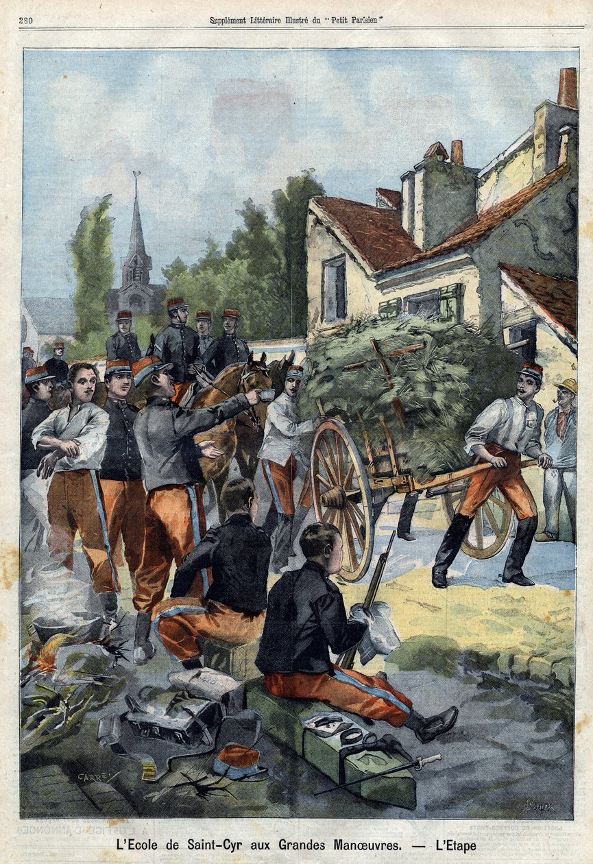 For at give en idé om livet for en soldat i felten, bliver eleverne på skolen i Saint Cyr sendt på en manøvre for at udføre deres egne forsyningsopgaver. Gravering i "Le Petit Parisien" den 01/09/1901 (gravering) af French School
