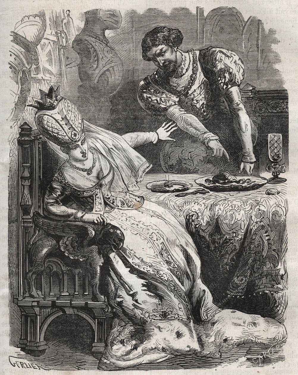 For at tage hævn for sin kones, Gabrielle de Vergys utroskab, får Eudes de Fayel ham til at spise uden hans viden hjertet af sin elsker, Raoul de Coucy. Scene af en legende fra det 12. århundrede, ifølge hvilken Raoul I de Coucy (efter 1142-1191) bad om, a af French School