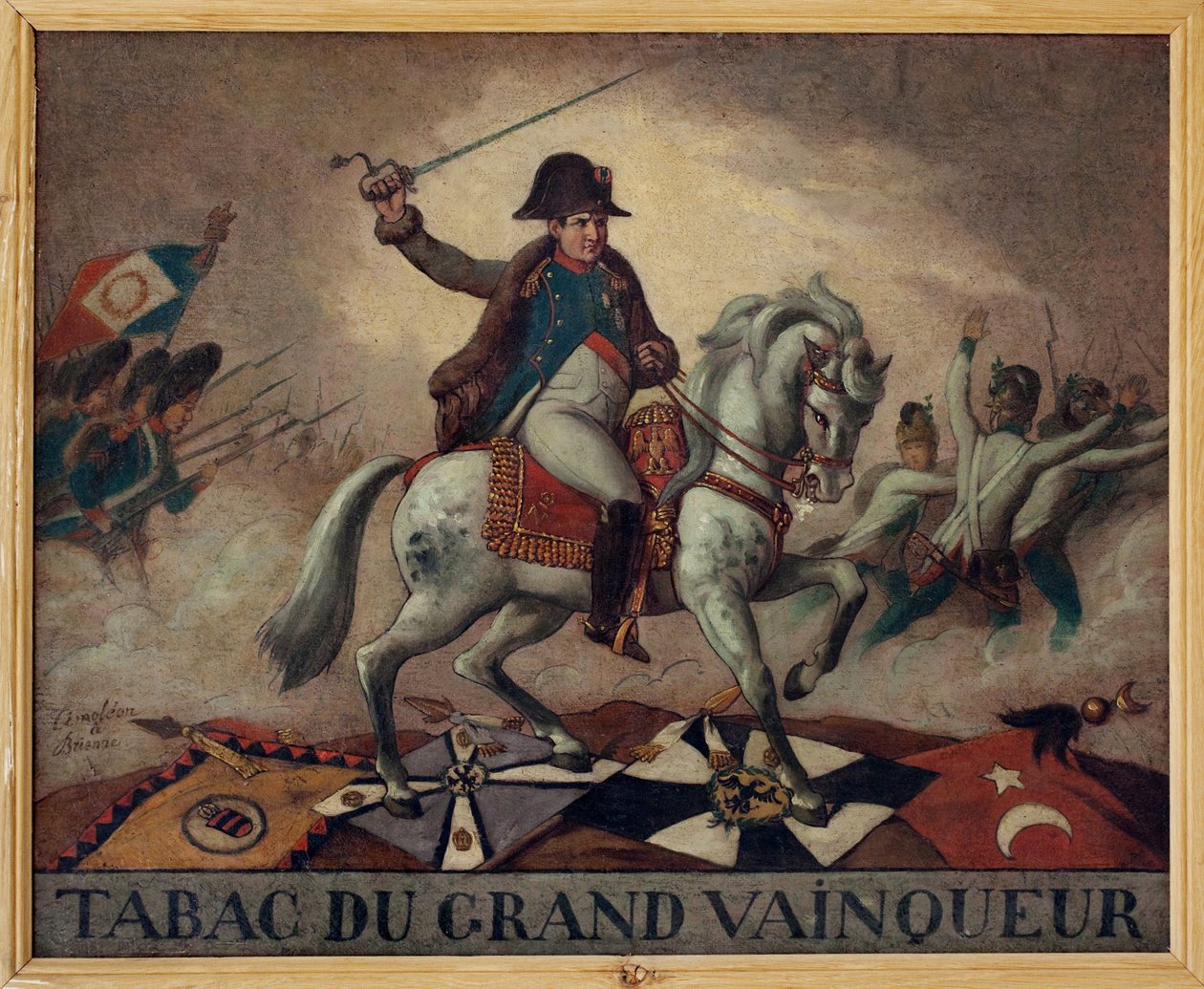 Til den store vindertobak. (rytterportræt af Napoleon Bonaparte (1769-1821), der fører sine tropper i kamp. På bagsiden af lærredet et kvad: "" Hans forretningers succes,/Hans sejre i hundrede kampe,/Har ingen andre hemmeligheder/En tage af af French School