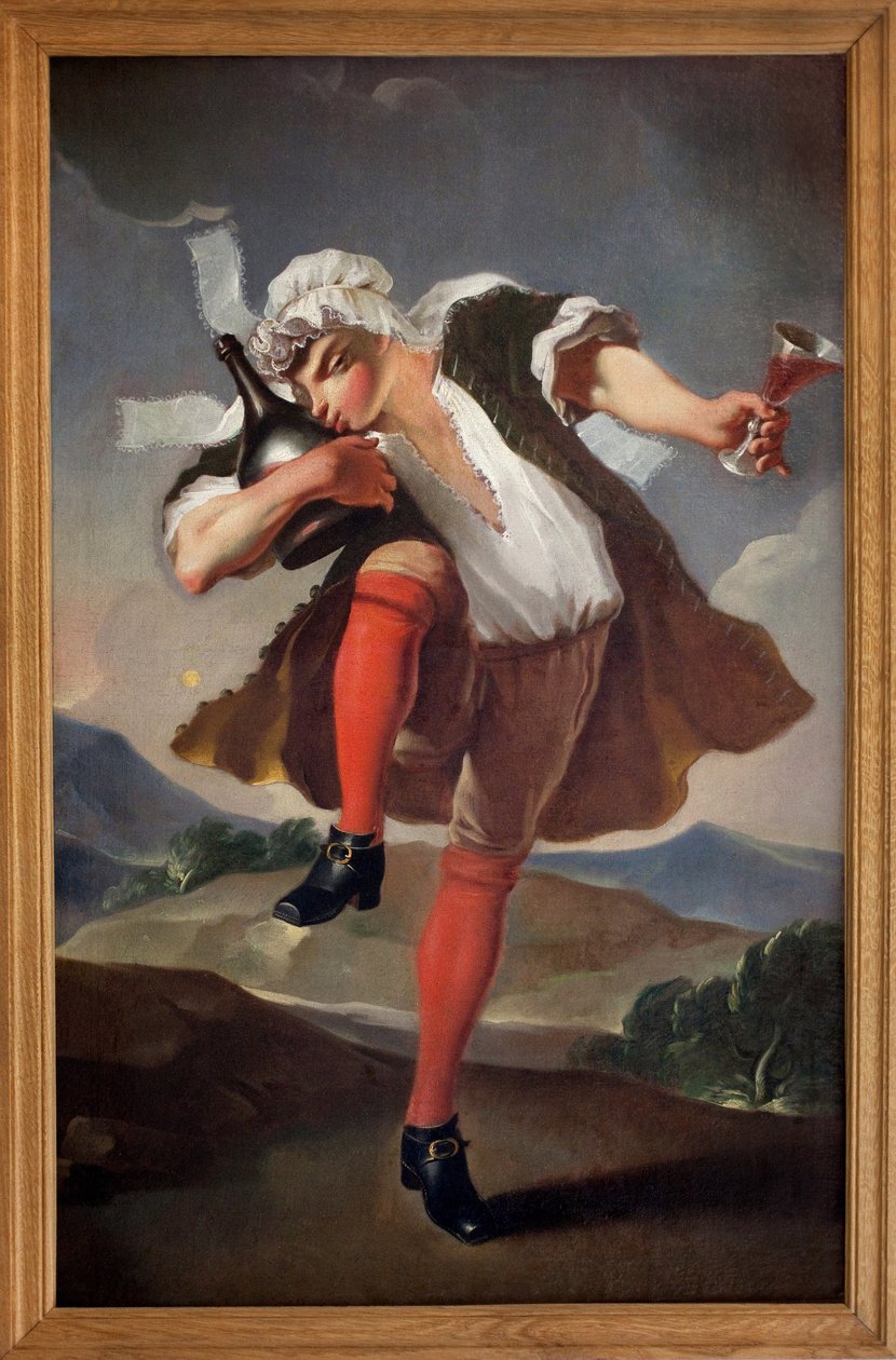Til de tre forenede ordener. En mand, der repræsenterer præsten, noblessen og den tredje stat, holder et glas rødvin og kysser en flaske. Malet skilt af vinhandler. Anonymt maleri, revolutionær periode af French School