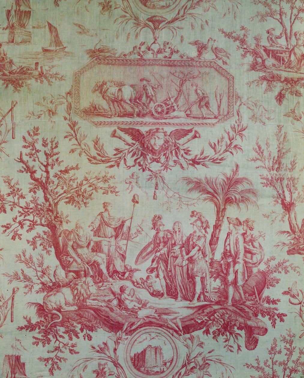 Toile de Jouy (efter design af Jean-Baptiste Huet 1772-1793), Illustrerende en Allegori af Ludvig XVI (1754-1793), konge af Frankrig, genopretter af frihed i februar 1790 (trykt bomuld) af French School