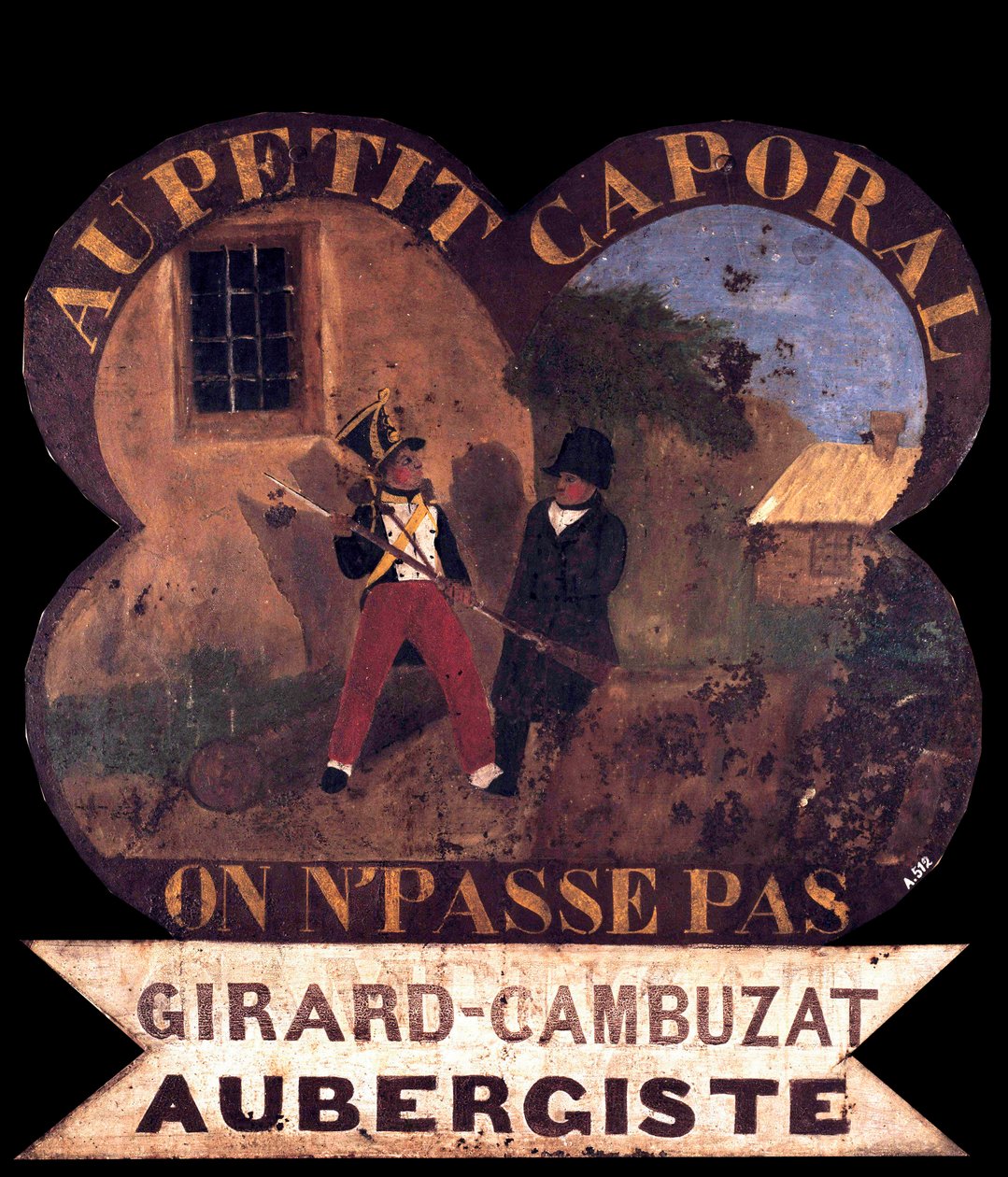 Tole kro skilt "" Til den lille korporal""" 1850 om med Napoleon I. Øen Aix, Napoleons museum af French School