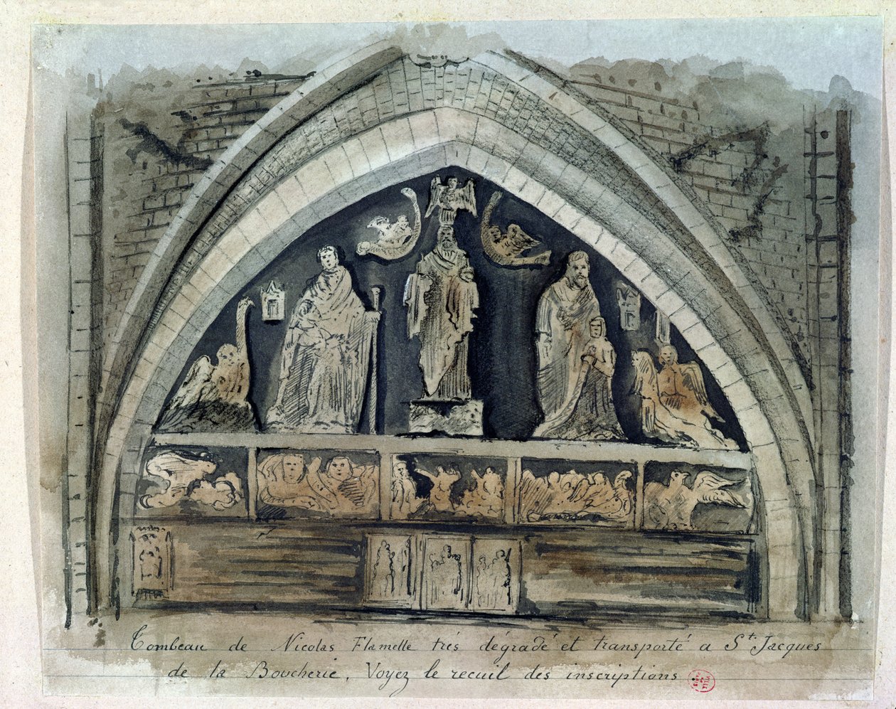 Nicolas Flamels grav (ca. 1330-1418) ved Cimetiere des Innocents (wc på papir) af French School