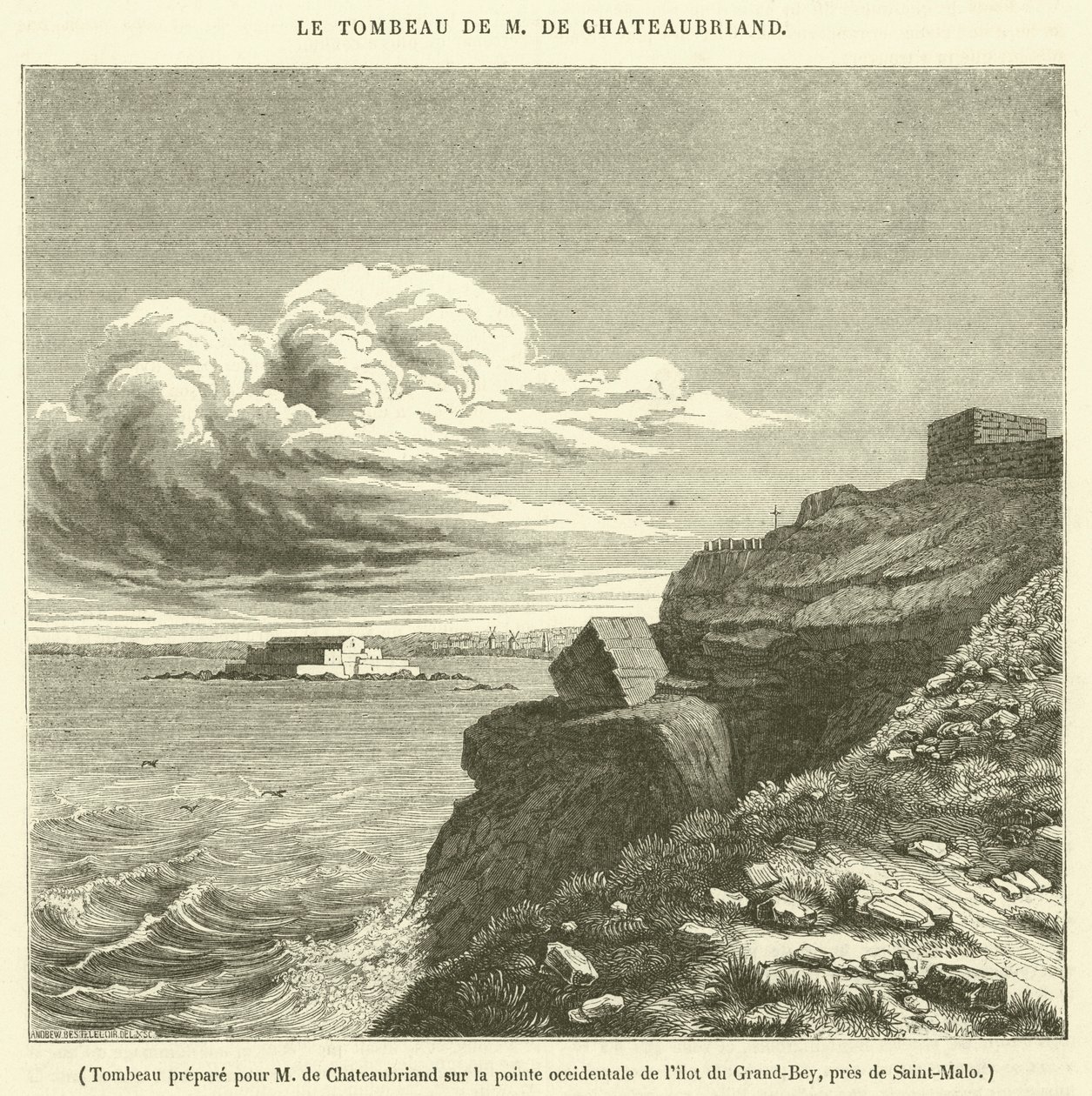 Gravmæle forberedt til M de Chateaubriand på den vestlige spids af øen Grand-Bey, nær Saint-Malo (stik) af French School