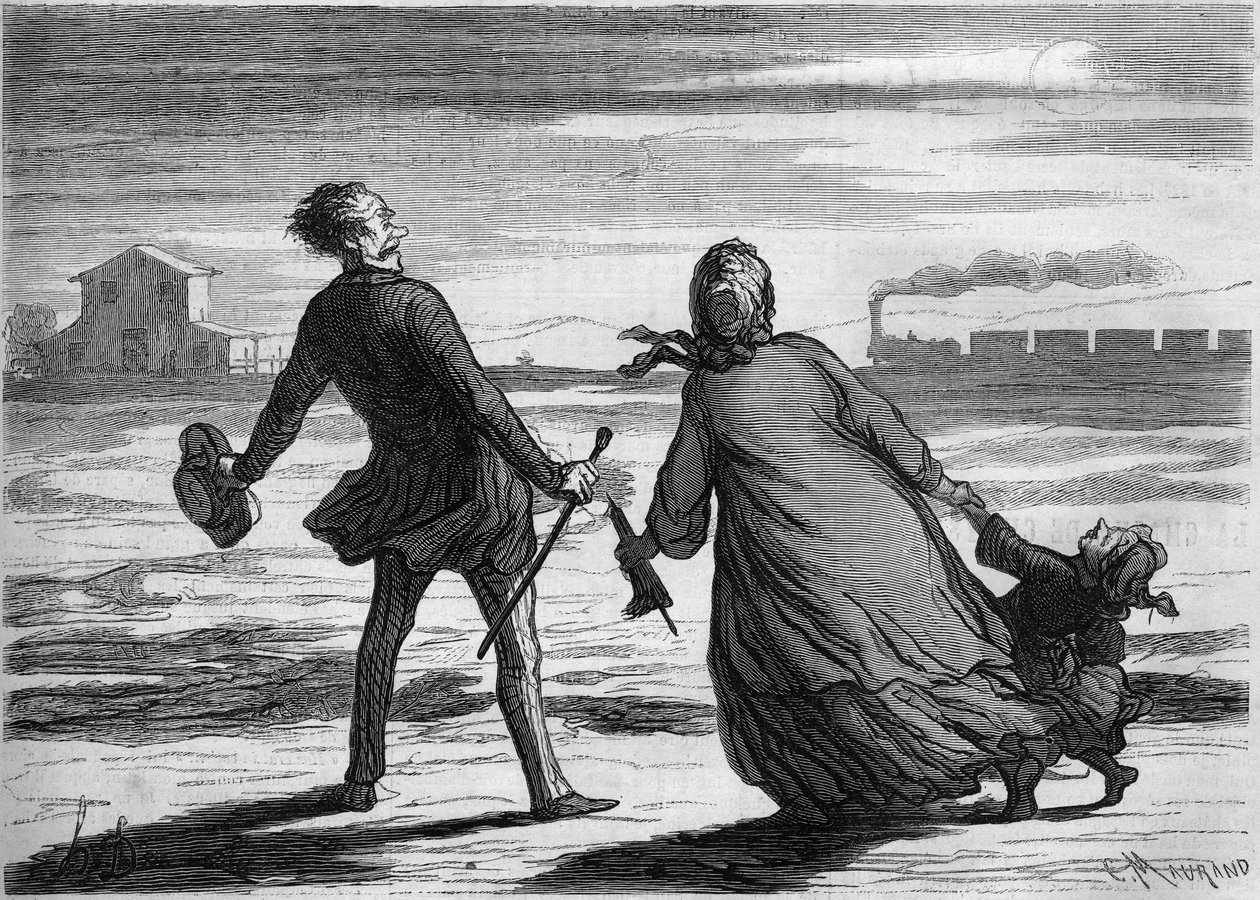 For sent! : en familie missede lige sit tog. Tegnefilm af Honore Daumier (1808-1879). Indgravering i "" Le Monde Illustré"" nr. 286 af 4. oktober af French School